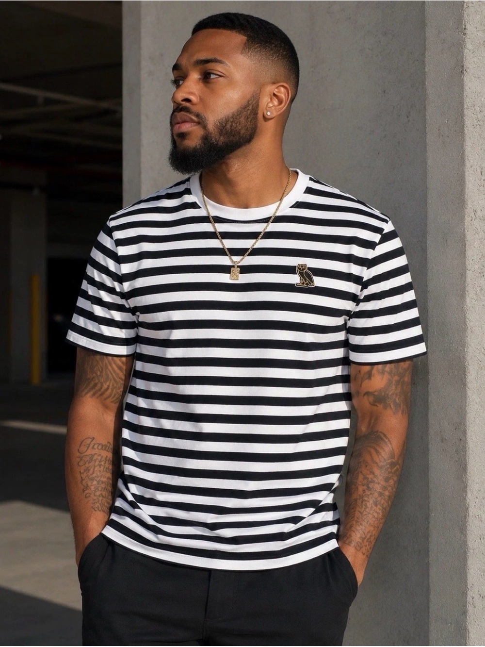 OVO October's Very Own Owl Stripe T-Shirt Men's Small Black White Made Portugal
